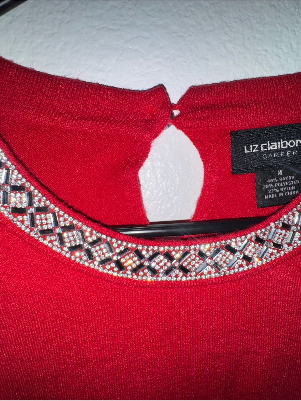 Liz Claiborne Red Jeweled Neck Crew Sweater